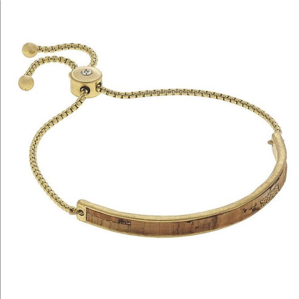 CRAVE CORK AND GOLDTONE CURVED BAR BOLO BRACELET